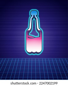 Retro style Plastic beer bottle icon isolated futuristic landscape background. 80s fashion party. Vector