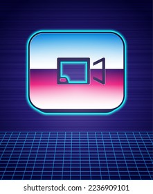 Retro style Play video button icon isolated futuristic landscape background. Film strip sign. 80s fashion party. Vector