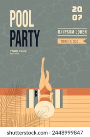 Retro Style Pool Party Invitation Poster. Illustration of Girl at Swimming Pool in Swimsuit. Vector