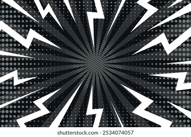 Retro style pop art comic background with zigzag lightnings, rays and dots. Vector illustration