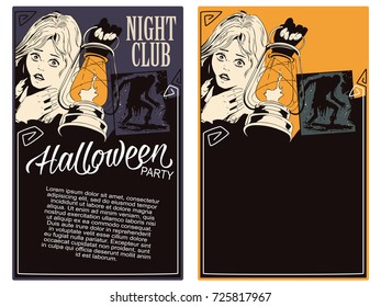 Retro style pop art and vintage advertising. Halloween template flyer.