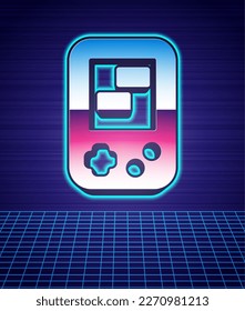 Retro style Portable tetris electronic game icon isolated futuristic landscape background. Vintage style pocket brick game. Interactive playing device. 80s fashion party. Vector
