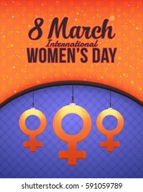 Retro Style Postcard, 8 March International Women's Day Celebration Design. Greeting Card Design, Vector Colorful Hanging Female Sign Elegant Vertical Background or Flyer, Poster