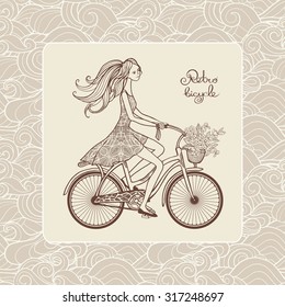 Retro style postcard with girl riding a bicycle and ornamental background vector illustration