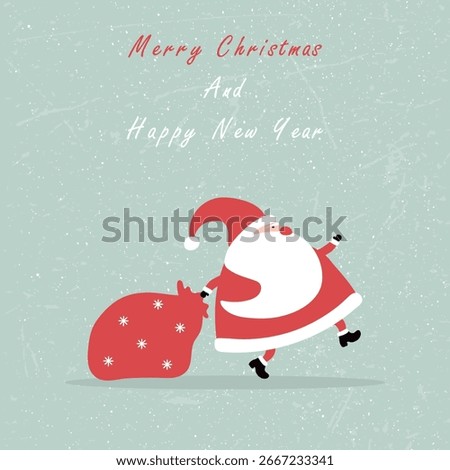 Retro style postcard with Happy New Year and Merry Christmas with Santa Claus and gift bag. Vector.