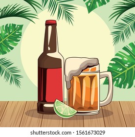 retro style poster with beer bottle and mug over tropical leaves, colorful design , vector illustration