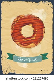 Retro style poster with chocolate glazed donut and ribbon banner. EPS10 vector format