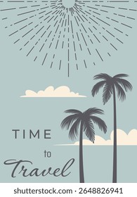 retro style poster with cloudy sky and palm tree, radial sunbirst and copy space