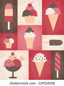 Retro style poster with different kinds of ice cream.