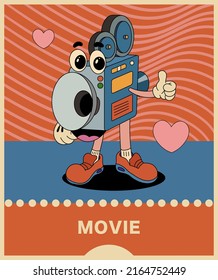 Retro style poster. Drawn camera character on red background with wavy lines. In the colors of the 90's. Can be used as a banner, postcard, advertisement for the festival.