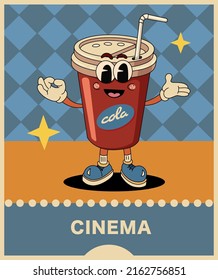 Retro style poster. Drawn character Cola on dark blue pattern background with text block. In the colors of the 90's. Can be used as a banner, postcard, advertisement for the festival.