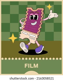 Retro style poster. Drawn character Tickets on dark green pattern background with text block. In the colors of the 90's. Can be used as a banner, postcard, advertisement for the festival.