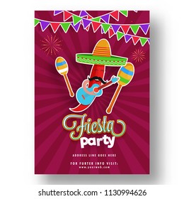 Retro style poster or flyer design with and chilli wearing sombrero hat and holding guitar for Fiesta Party celebration.