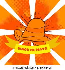 Retro style poster or flyer design with sombrero hat on orange triangle background for fiesta party celebration.