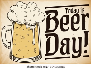 Retro style poster with frothy beer served in a mug illustrated in hand drawn style and commemorative message for Beer Day.