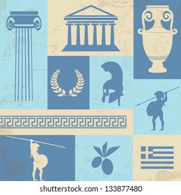 Retro style poster with Greece symbols and landmarks, vector illustration