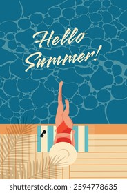 Retro style poster Hello Summer. Illustration of a girl in a swimsuit near a swimming pool. Beach vacation, travel, vacation in hot countries. Vector