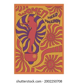 Retro style poster illustration 60's 70's 80's 90'v vibes poster banner flyer design in flat color campaign woman women 