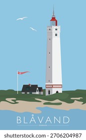Cartel de estilo retro con el faro de Blåvand en las dunas. Dinamarca vacaciones y Lugar famoso ilustración.