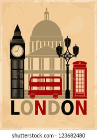 Retro style poster with London symbols and landmarks.