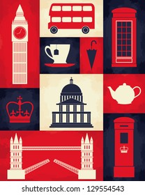 Retro style poster with London symbols and landmarks.