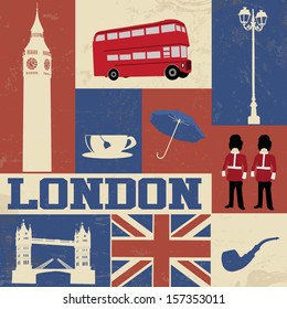 Retro Style Poster With London Symbols and Landmarks, vector illustration