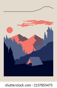 retro style poster with mountains, clouds, forest and tent