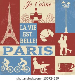 Retro Style Poster With Paris Symbols, vector illustration