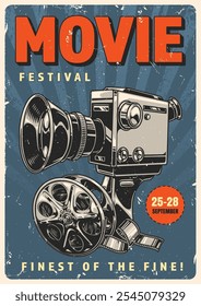 A retro style poster promotes an upcoming movie festival featuring a classic film camera and vibrant colors.