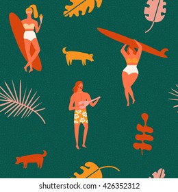 Retro style poster. Summer beach camp illustration with surf teens playing guitar and surfing.