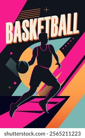 Retro style poster with text basketball and silhouette of a basketball player. Modern abstract background. Geometric shapes. 