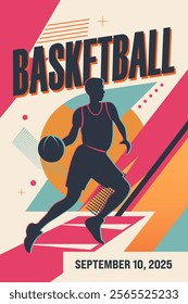 Retro style poster with text basketball and silhouette of a basketball player. Modern abstract background. 