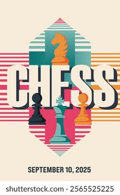 Retro style poster with text chess. Modern abstract sport background. Trendy geometric shapes.