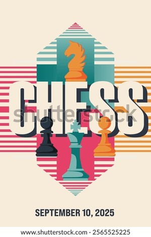 Retro style poster with text chess. Modern abstract sport background. Trendy geometric shapes.