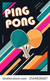 Retro style poster with text ping pong and tennis rackets. Modern abstract sport background. Trendy geometric shapes. 