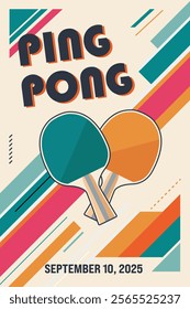 Retro style poster with text ping pong and rackets. Modern abstract sport background. Trendy geometric shapes.