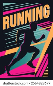 Retro style poster with text running and silhouette of a runner. Modern abstract sport background. Trendy geometric shapes. 