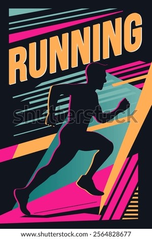 Retro style poster with text running and silhouette of a runner. Modern abstract sport background. Trendy geometric shapes. 