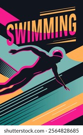 Retro style poster with text swimming and silhouette of a swimmer. Modern abstract sport background. Trendy geometric shapes. 