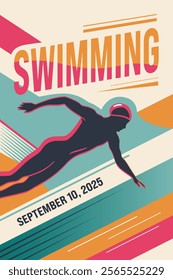 Retro style poster with text swimming and silhouette of a swimmer. Modern abstract sport background. Trendy geometric shapes.