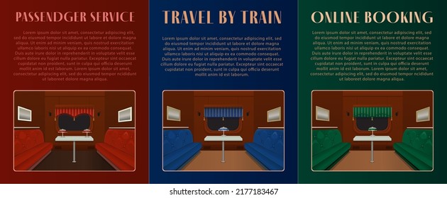 Retro style poster Travel by train. To create advertising for travel agencies. Interior design. train compartment interior in blue, green and red color