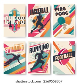 Retro style posters with different sports. Set of modern abstract sport backgrounds. Trendy geometric shapes. 