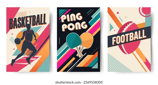 Retro style posters with football, basketball, ping pong. Modern abstract backgrounds. Trendy geometric shapes.  