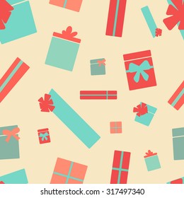 Retro style presents seamless pattern. Party background. Endless texture in pastel colors. Vector colorful illustration.Holiday. New Year and birthday. Gift box symbol.