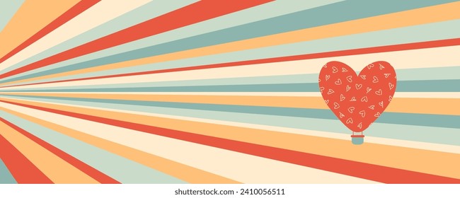 Retro style print with heart shaped hot air balloon on striped sky background. Perfect for cup, mug, postcard, sticker, banner. Vector illustration.
