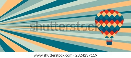 Retro style print with hot air balloon on striped sky background. Perfect for cup, mug, postcard, sticker, banner. Vector illustration.
