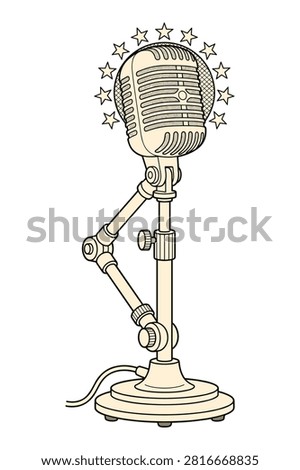 Retro style professional stage microphone with broadcasting stand and star icon accents isolated on white backdrop.