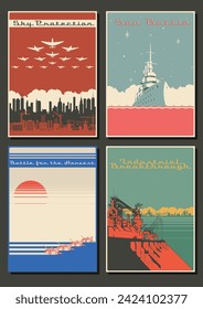 Retro Style Propaganda Posters. Sky Protection, Sea Battle, Battle for the Harvest, Industrial Breakthrough. Planes, Battleship, Harvesters, Plant