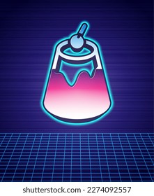 Retro style Pudding custard with caramel glaze icon isolated futuristic landscape background. 80s fashion party. Vector