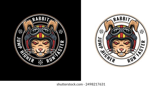 Retro style rabbit head design wearing helmet for t-shirt, sticker, etc.